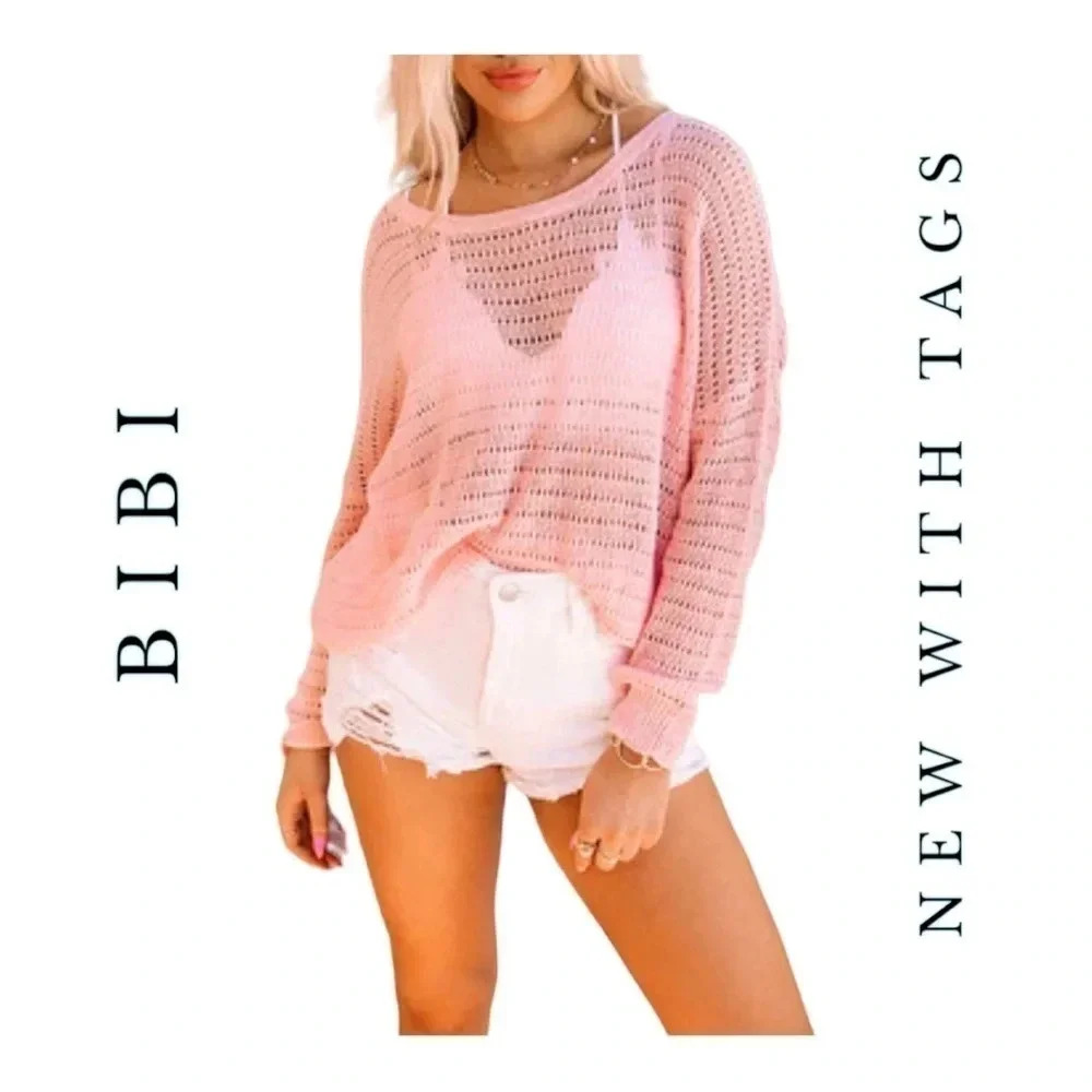 1336. BIBI LONG SLEEVE‎ KNITTED TOP OPEN KNIT PEACH IN COLOR SIZE X-LARGE NWT